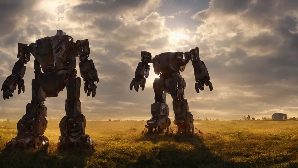 Prompt: Amazing photorealistic digital concept art of a large bipedal guardian robot in a rural setting by a barn, by James Clyne and Joseph Cross. Cinematic. LED lighting. A bright billowing explosion in the distance. Wide angle. Clean lines. Balanced composition.