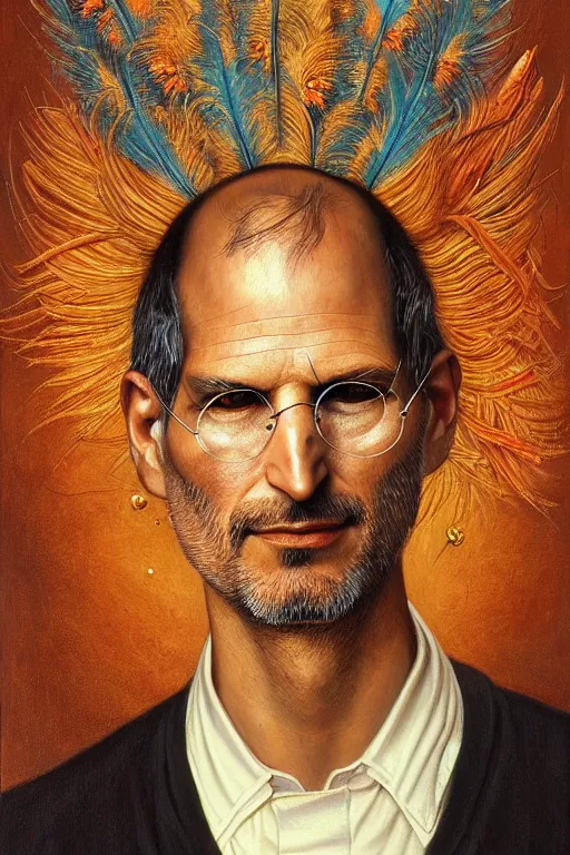 Prompt: hyper realistic portrait painting of steve jobs ( intrincate detail, golden ornaments, feathers ) wet, flowers, by godward, gustav moreau, saturno butto, boris vallejo, austin osman spare and david kassan, by bussiere. occult art, occult diagram, turquoise and orange color scheme.