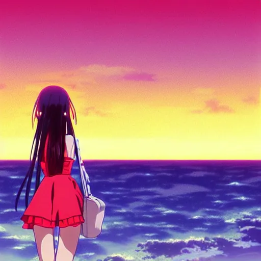 Prompt: digital illustration anime girl looking at the sunset on the beach, by miazaki, by leiji matsumoto