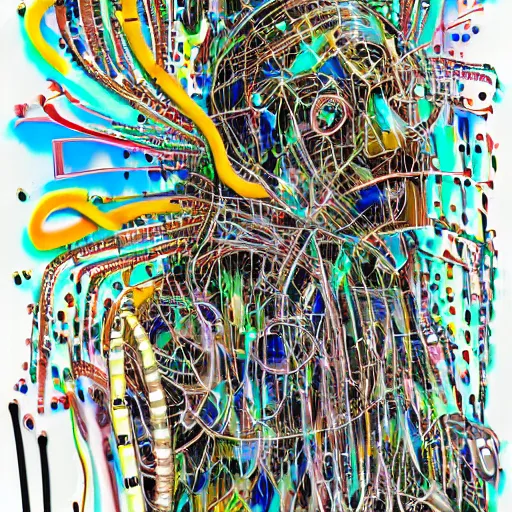 Image similar to synthesizer player made of information networks and wires, intricate, sparks, computer breakdown, crash, digital, pen and ink, fine lines, digital glitch, smeared colored paint, dripping, oil spray