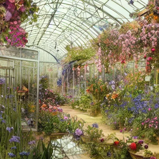 Image similar to a beautifull intricate watercolour painting of a greenhouse with many flowers, reflexions, verry high details by william turner art, greg rutkowski and alphonse mucha, trending on artstation, very very detailed, masterpiece, - h 7 0 4