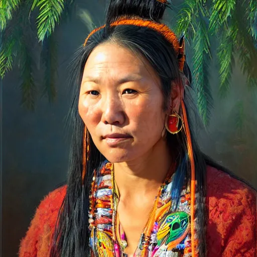 Prompt: portrait of an aboriginal taiwanese amis pangcah woman ( 3 5 ) from taiwan in 2 0 2 1, an oil painting by ross tran and thomas kincade