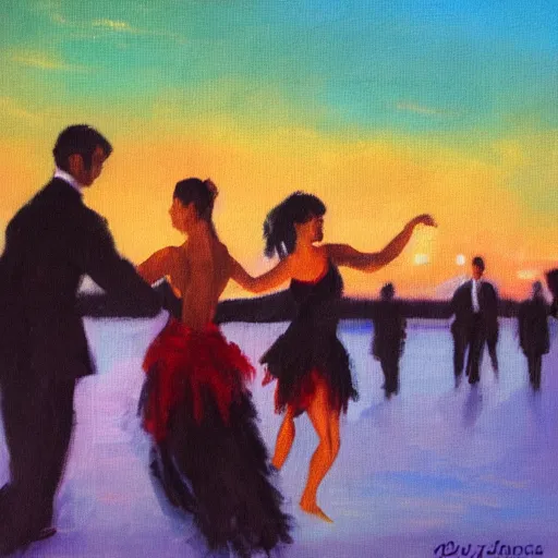 Image similar to impressionist painting of salsa dancers near the seine at sunset