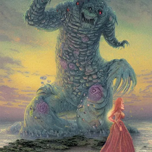 Prompt: depression as a monster lingering over a woman by thomas kinkade