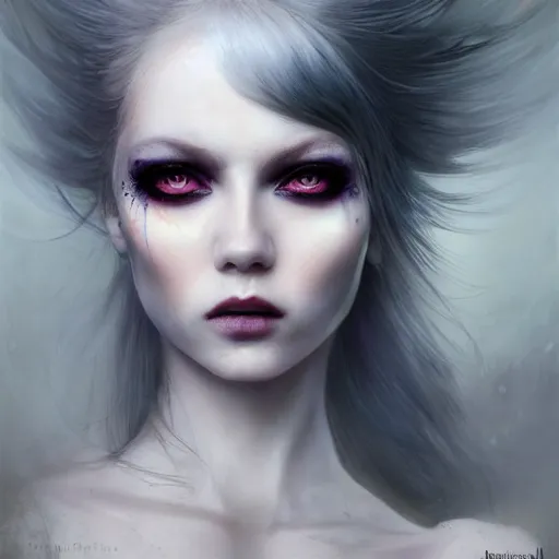 Image similar to a beautiful portrait of kerli koiv with pastel goth makeup, a detailed painting by greg rutkowski and raymond swanland and luis royo, featured on cgsociety, grimdark art, detailed painting, artstation hd, photorealistic