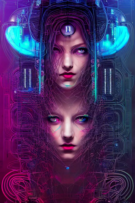 Image similar to dreamy cyberpunk girl, abstract smoke neon, digital nodes, computer network, beautiful woman, detailed acrylic, grunge, intricate complexity, by dan mumford and by mondrian, arthur rackham