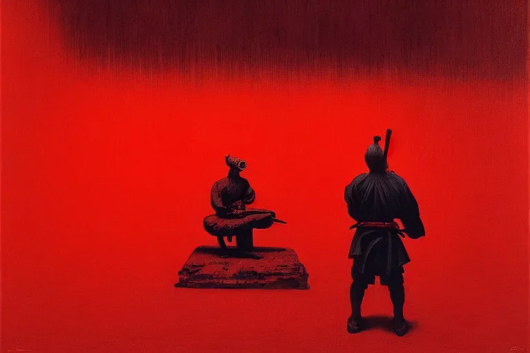 Image similar to only with red, a red samurai do seppuku, tokio, a lot of frogs watch, in the style of beksinski, parts by edward hopper, parts by rodcenko, parts by yue minjun, intricate and epic composition, red by caravaggio, insanely quality, highly detailed, masterpiece, red light, artstation, 4 k