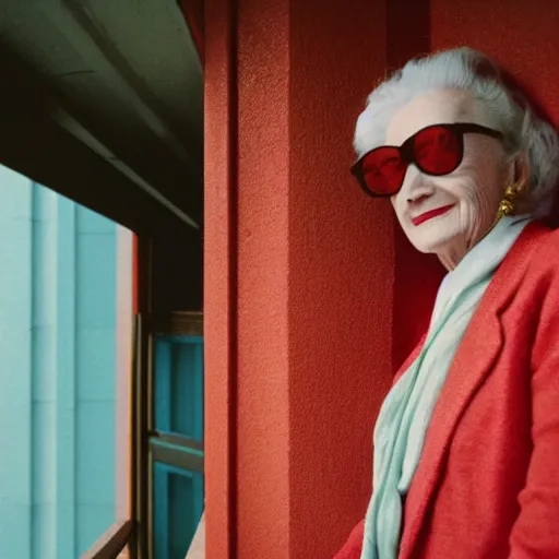 Prompt: 1986 color Medium Shot portrait of a very well-dressed old lady in a balcony of a red hotel, photo made by Wes Anderson award winning, 4K