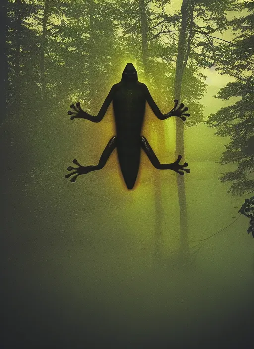 Image similar to semi translucent smiling frog amphibian hovering over misty lake in Jesus Christ pose, cinematic shot by Andrei Tarkovsky, paranormal, spiritual, mystical