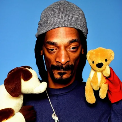 Prompt: Snoop Dogg holding a beanie baby for a 1990s sitcom tv show, Studio Photograph, portrait, C 12.0