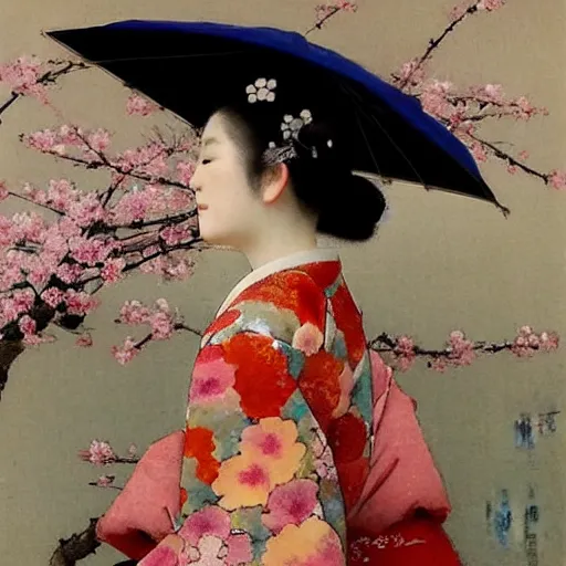 Image similar to A beautiful conceptual art of a young woman in a traditional kimono, with a background of sakura blossoms. by Giuseppe de Nittis rigorous, balmy