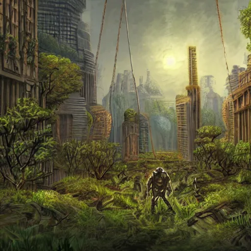 Image similar to Doom, city overgrown with vegetation, surviving humanity, game concept art, highly detail
