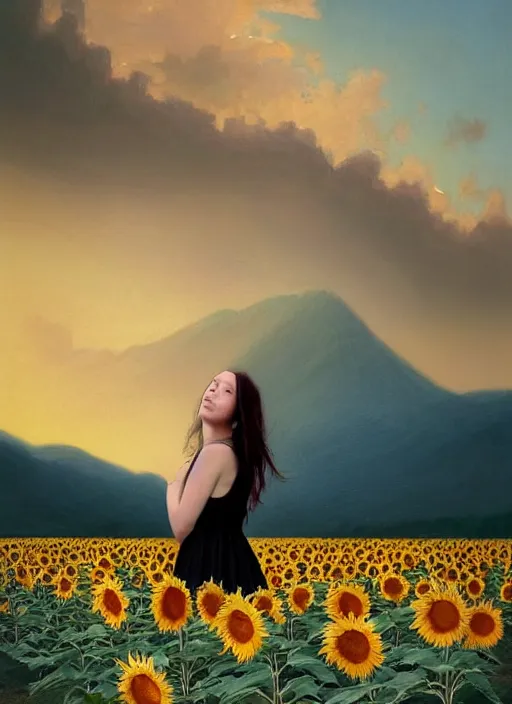 Image similar to oil painting portrait of a young woman with long dark flowing hair in a black dress, standing in a windy field of sunflowers at sunset with mountains in the background, hazy, digital art, chiaroscuro, artstation, cinematic, golden hour, digital art painting by greg rutkowski, bouguereau, 7 0 s japanese book art, hazy atmosphere, flowers, cinematic lighting