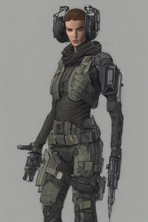 Prompt: Sonya. blackops mercenary in near future tactical gear, stealth suit, and cyberpunk headset. Blade Runner 2049. concept art by James Gurney and Mœbius.