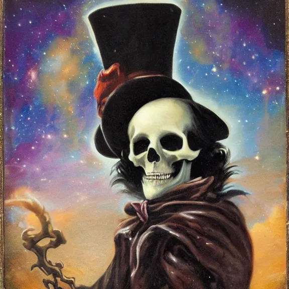 Image similar to grim-hatter, skull cane, voodoo ritual gear, matte painting art from goya and pirner, cursed oil painting, cosmic nebula color tones