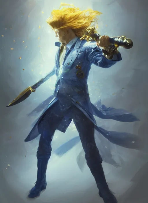 Image similar to a man in a blue suit with blond hair swinging a sword and holding a pistol, fantasy, d & d, heartstone, digital painting, volumetric light, intricate, sharp, focus, bloom, illustration, highly detailed, concept art, matte, ruan jia, randy vargas, greg rutkowski