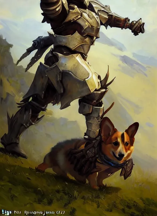 Image similar to Greg Manchess painting of a Corgi Charr from Guild Wars 2 wearing Forerunner Armor from Halo, countryside, calm, fantasy character portrait, dynamic pose, above view, sunny day, artwork by Jeremy Lipkin and Giuseppe Dangelico Pino and Michael Garmash and Rob Rey, very coherent asymmetrical artwork, sharp edges, perfect face, simple form, 100mm