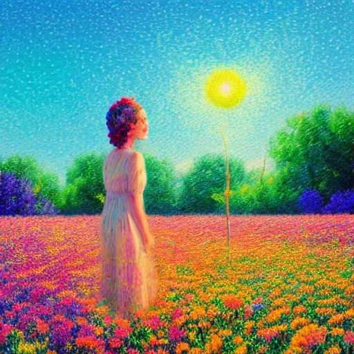 Image similar to large flower head, girl standing in a flower field, surreal photography, sunrise dramatic light, impressionist painting, colorful clouds, digital painting, pointillism, artstation, simon stalenhag