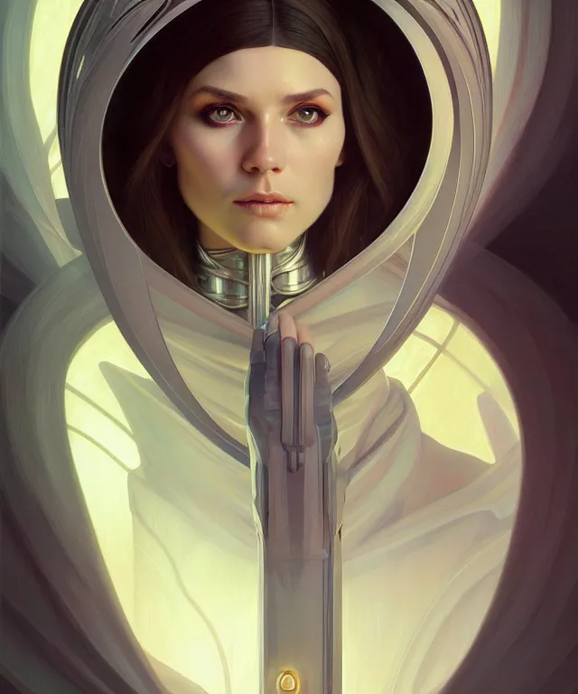 Prompt: futuristic nun woman portrait, sci - fi, amber eyes, face, long hair, fantasy, intricate, elegant, highly detailed, digital painting, artstation, concept art, smooth, sharp focus, illustration, art by artgerm and greg rutkowski and alphonse mucha