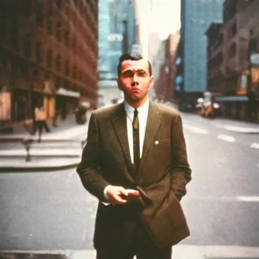 Image similar to portrait of a man in a suit in the streets of new york, 1 9 6 0 s, colour film street photography, photo taken with ektachrome, featured on flickr, photographed on damaged film