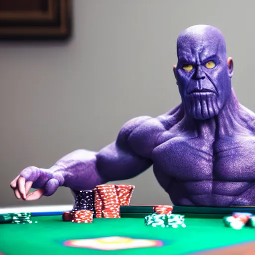 Prompt: professional dslr photo of thanos playing poker