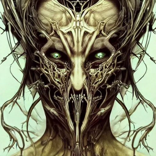 Image similar to Elden Ring themed painting of hybrid majestic biomechanical satanic cultist human beautiful undead angel symmetrical face angry mask closeup face breathing mask tattoo pattern golden ratio concept, deep forest psytrance Neo-Gothic concept, infinity glyph waves, intricate artwork masterpiece, very coherent artwork, cinematic, full frontal facial features by Artgerm, Takato Yamamoto, Zdizslaw Beksinski, Johnatan Wayshak, Moebius, Ayami Kojima, very anatomically coherent artwork, trending on cgsociety, ultra high quality model, production quality cinema model, high detail chromatic ink outline, octane render, unreal engine 8k, hyper realism, high detail, octane render, unreal engine, 8k, High contrast