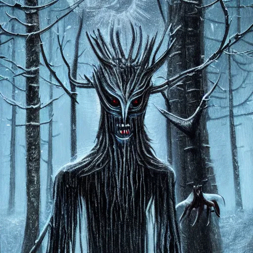 Image similar to cloaked humanoid wendigo feasting on a bloody dear, nighttime located in a snowy dark forest, lurking horror, forboding, high detail, oil painting, style of seb mckinnon