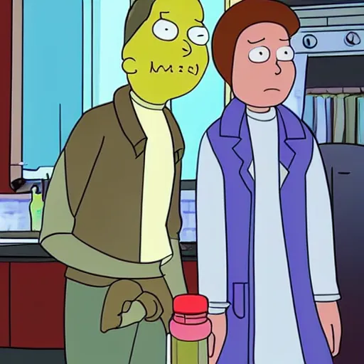 Image similar to of morty from rick and morty as a teenage boy with lab coat llike his grandpa rick