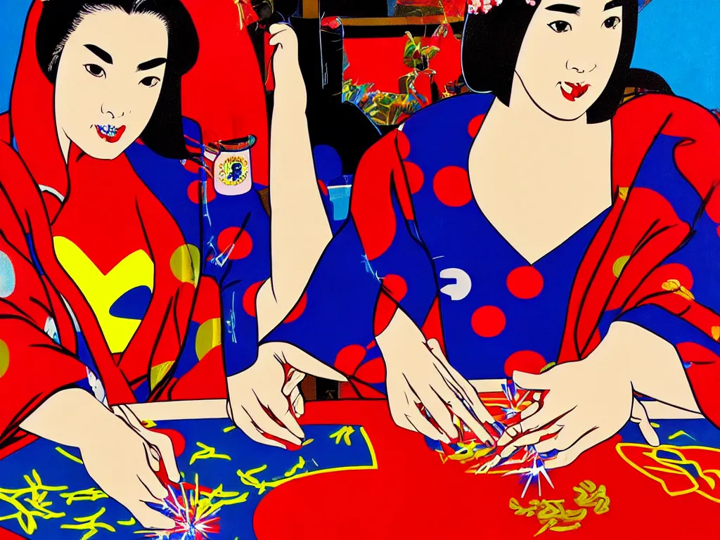 Image similar to hyperrealism composition of the detailed woman in a japanese kimono sitting at a poker table with superman, fireworks on the background, pop - art style, andy warhol style, acrylic on canvas