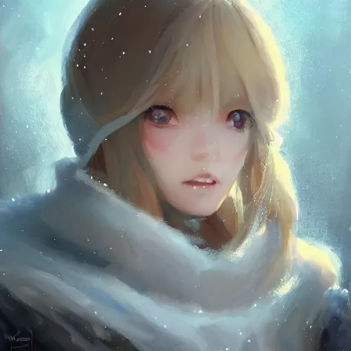 Prompt: painting by krenz cushart!!, portrait of a beautiful ice princess standing in ice and snow, blond hair, blue cloak, finely detailed features, intricate brush strokes, beautiful lighting, trending on pixiv fanbox.