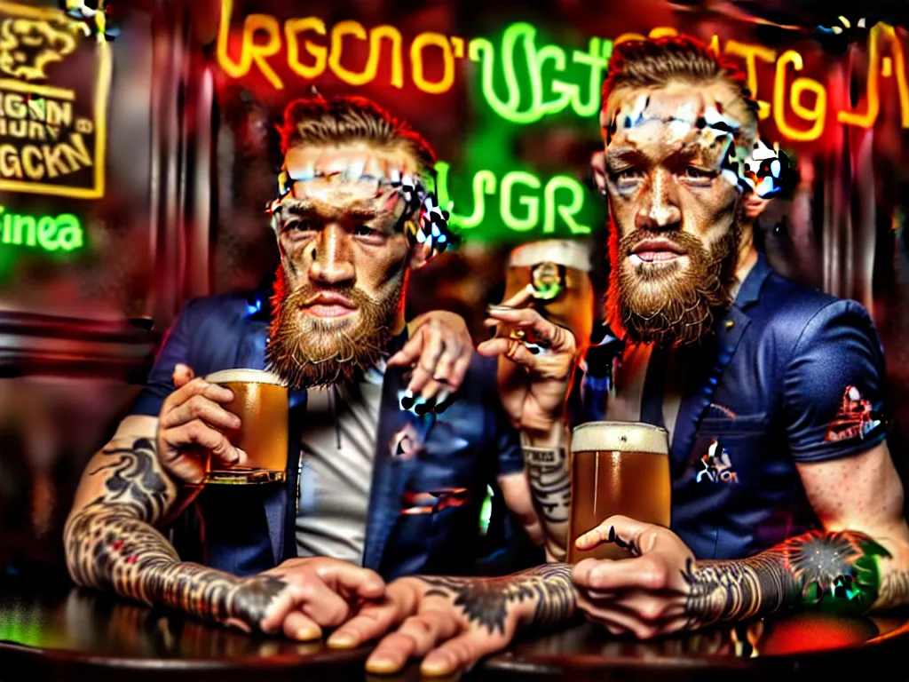 Image similar to a well framed portrait of conor mcgregor drinking a beer and smoking a cigar in an irish pub with a neon bar, laser lighting, trending on art station, in the style of the movie heat with al pacino, volumetric lighting & shadows, hyper detailed, digital art, unreal engine, 4 0 0 mm f 1. 8,