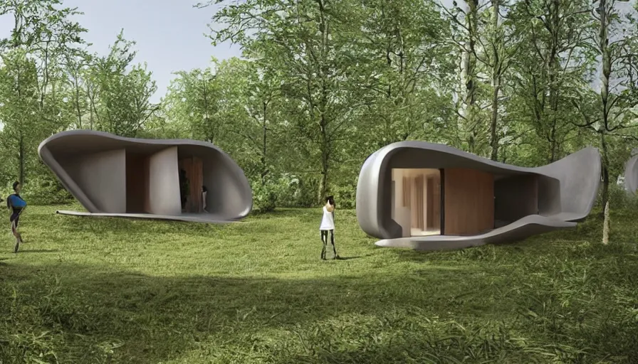 Prompt: A unique innovative and creative eco community of small affordable and contemporary creative cabins in a lush green forest with soft rounded corners and angles, 3D printed line texture, made of cement, connected by sidewalks, public space, and a park, Design and style by Zaha Hadid, Wes Anderson and Gucci