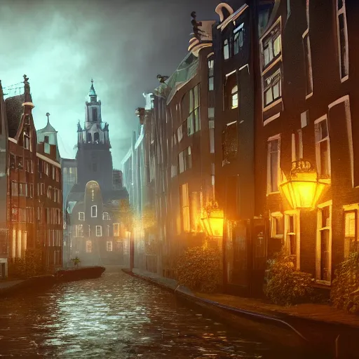 Prompt: a magical town with a few very tall crooked buildings, inspired by amsterdam and victorian england, night time, magical realism, dreamlike, digital painting, highly detailed, concept art, game art, matte painting, trending on artstation, octane render, 8 k, unreal engine