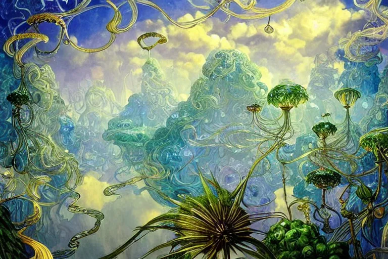 Image similar to a huge flock of many smooth puffy filigreed clouds tangled into whirling ultra detailed crystal specimens, art nouveau jungle environment, playful, award winning art, epic dreamlike fantasy landscape, ultra realistic,