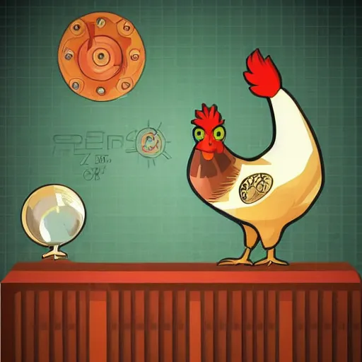 Image similar to retro sci - fi, 2 d flat illustration, very wise chicken, highly detailed