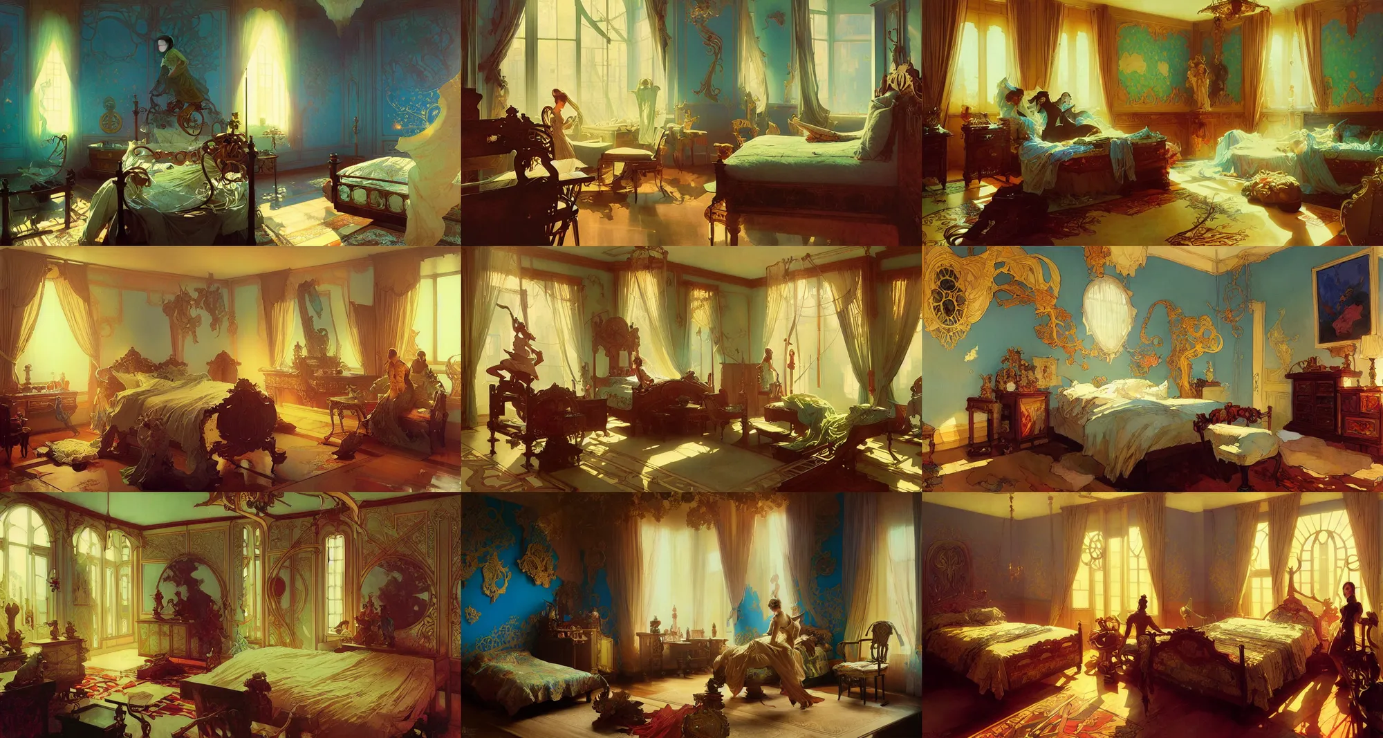 Prompt: bedroom, art nouveau, art by joseph leyendecker, peter mohrbacher, ivan aivazovsky, ruan jia, reza afshar, marc simonetti, alphonse mucha