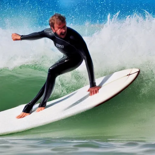 Prompt: action picture of a man surfing a wave using an ironing board