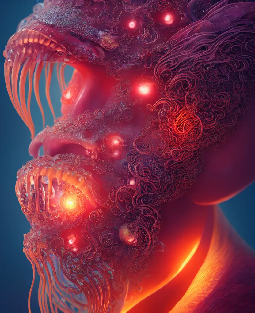 Image similar to goddess close-up face portrait. chimera orchid jellyfish phoenix head, nautilus, skull, betta fish, bioluminiscent creatures, intricate artwork by Tooth Wu and wlop and beeple. octane render, trending on artstation, greg rutkowski very coherent symmetrical artwork. cinematic, hyper realism, high detail, octane render, 8k