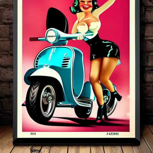 Prompt: vespa scooter, pinup girl, retro poster