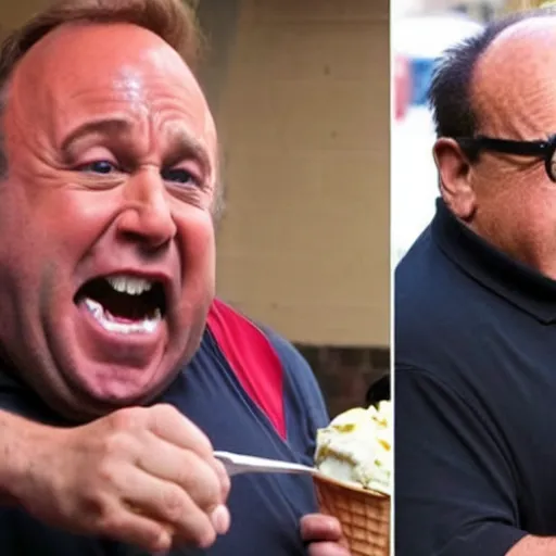 Image similar to Angry Alex Jones chasing after Danny DeVito for stealing his ice cream