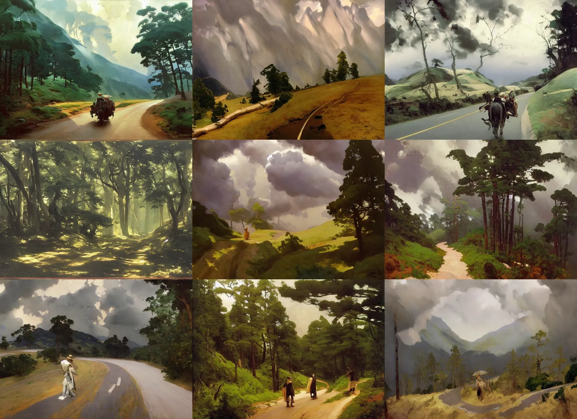 Prompt: painting by sargent and leyendecker and greg hildebrandt savrasov levitan polenov, studio ghibly style mononoke, the layered low clouds road between forests trees hong kong overcast storm masterpiece