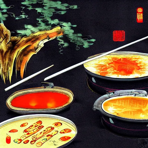 Prompt: chongqing hot pot, digital art, style of traditional chinese painting