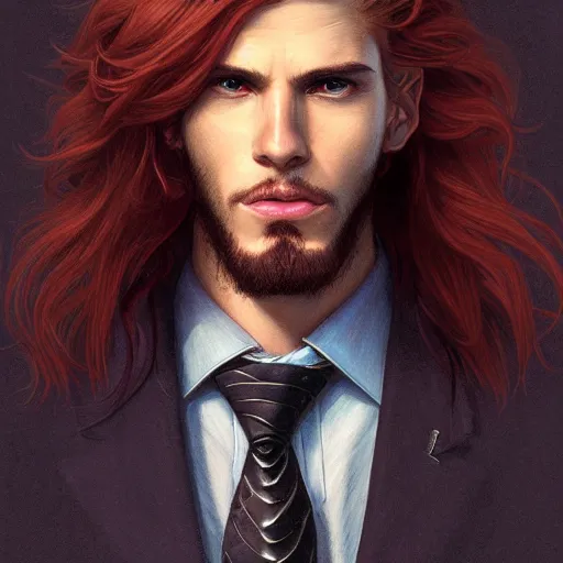Image similar to portrait of a shark with a humanoid face, male, handsome, masculine, full body, red hair, long hair, soft hair, fantasy, intricate, elegant, highly detailed, suit, coffee shop, digital painting, artstation, concept art, character art, smooth, sharp focus, illustration, art by artgerm and greg rutkowski and alphonse mucha