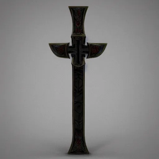 Prompt: bluestone flamberge, a huge two-handed sword with a wavy blade and large cross guard. It has a faint blue sheen, and radiates a sense of unease. 3d render