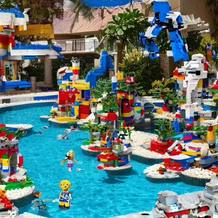 Prompt: a photograph of a miniature young woman made of legos sitting by the pool from the movie bill & ted's excellent pool party, fractal cyborg ninja background, 8 k, realistic, highly detailed, art by todd mcfarlane, artgerm, greg rutkowski, alphonse mucha, hajime sorayama