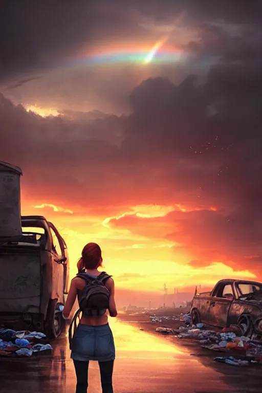 Image similar to young woman in mini short with backpack looking at food at garbage dump, destroyed cars, city is pure wasteland, moody sunset background, rays of sunlights, ( ( ( rainbow ) ) ), high details, sharp, photorealism, cinematic, greg rutkowski, artgerm, unreal engine, highly detailed