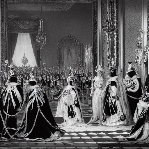 Prompt: Black and White photo of a Royal Procession, the Queen holding hands with the Devil, 4k, highly detailed, 1852