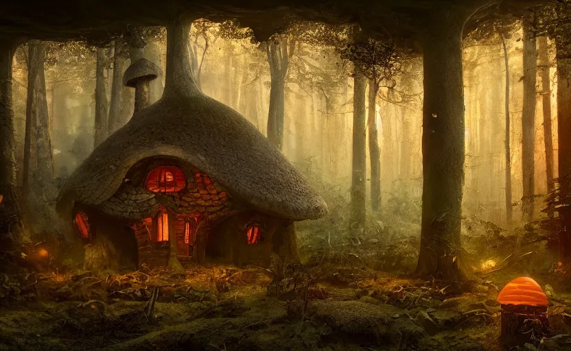 Image similar to A mushroom house in a tall mushroom, warm light coming from the windows, in a dark forest, macro, cool tones, underexposed, overecast, mysterious matte painting by greg rutkowski and marc simonetti and Ivan Shishkin, 4k