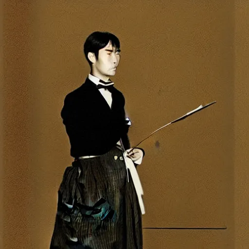 Prompt: full body painting of grumpy handsome thin beautiful man in his 2 0 s named min - jun in a french female maid outfit, modern clothing, elegant, clear, painting, stylized, delicate facial features, stylized thin lines, soft but grumpy, highly detailed, art, art by egon alphonse yamamoto