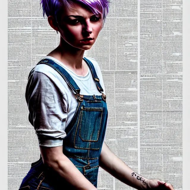 Image similar to full body pose, beautiful adult woman, short white hair shaved sides, dirty, grungy, grunge, long sleeve, painted overalls, stacks of giant books, highly detailed, 4 k, hdr, smooth, sharp focus, high resolution, award - winning photo, artgerm, photorealistic